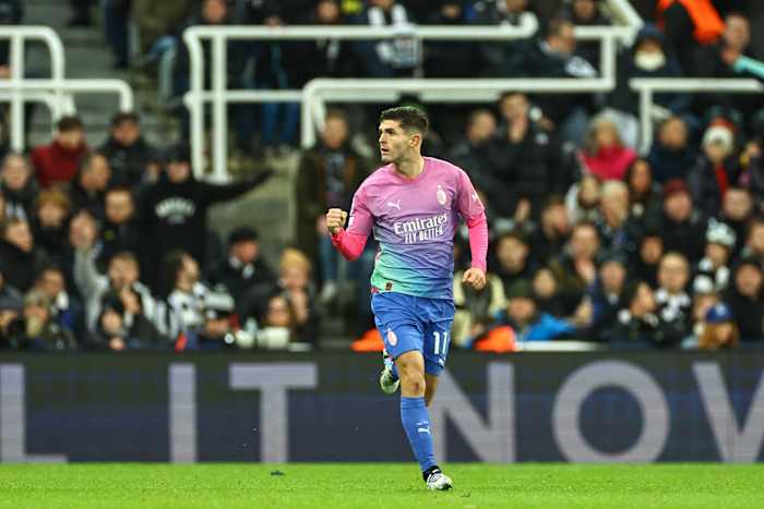 Christian Pulisic pictured celebrating after scoring for AC Milan in a 2-1 win at Newcastle United in December 2023